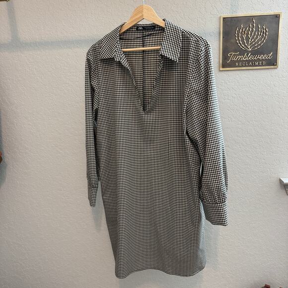 Zara Dresses & Skirts - Women's Zara Black and Cream Check Pullover Shift Long Sleeve Dress Size XXL
